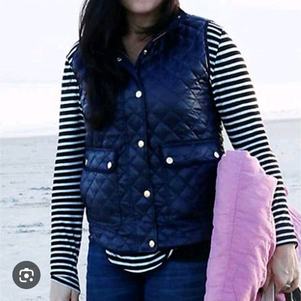 J. Crew Navy Gold Buttons Quilted Preppy Down‎ Filled Puffer Vest Size XS